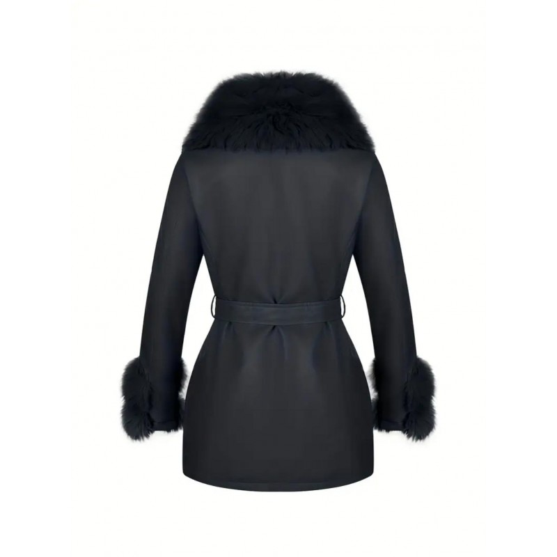 Elegant Detachable Faux Fur Collar Belted Jacket VE842129B