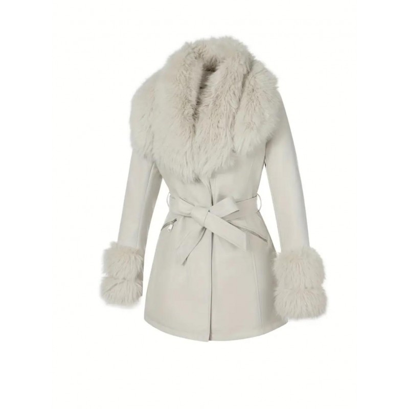 Elegant Detachable Faux Fur Collar Belted Jacket V...